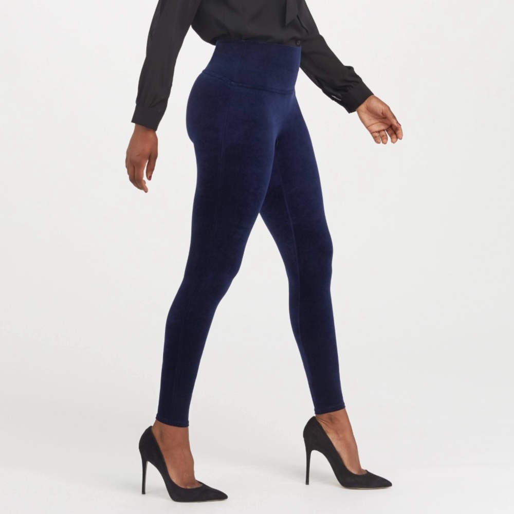 Spanx Velvet Leggings Midnight Navy Blue High Waisted Shaping Pants Large NWT